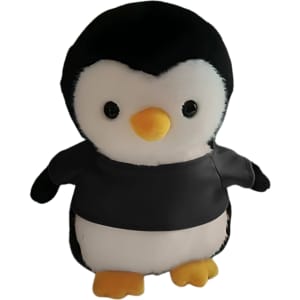 A plush penguin toy with a black shirt featuring a black and white body, and yellow feet and beak.