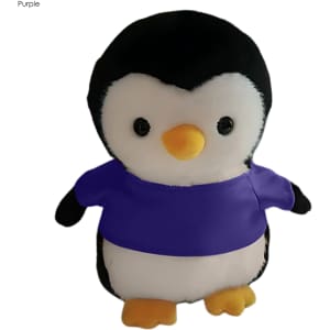 A plush penguin toy with a black and white body, orange beak, and wearing a purple shirt.
