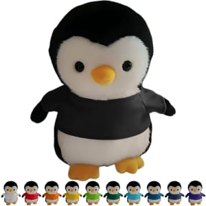 A black and white penguin plush toy with a yellow beak and orange feet, accompanied by smaller penguin plush toys in various colours.