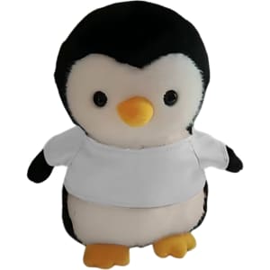 A black and white penguin plush toy wearing a white shirt, featuring large round eyes and an orange beak.