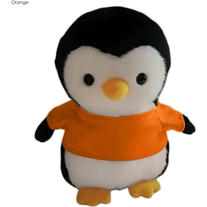 A plush penguin toy with black and white features, wearing an orange shirt, and featuring large, round eyes.