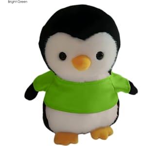 A plush toy penguin with a black and white body and a bright green shirt. It has round black eyes and an orange beak.
