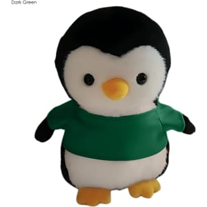 A plush penguin toy with a black and white body, wearing a dark green shirt and featuring round black eyes.