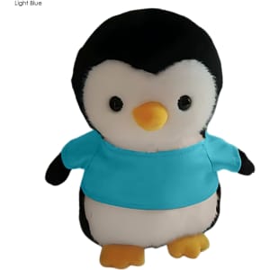 A plush penguin toy with black and white fur, wearing a light blue shirt, and featuring a small beak and round eyes.