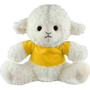 A plush sheep toy with a soft white body and a yellow shirt, featuring black eyes and a stitched face.