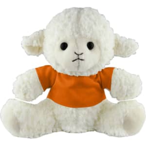 A white plush sheep wearing an orange shirt, sitting upright with a soft, fluffy texture.