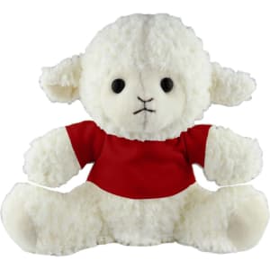 A plush sheep toy with a fluffy white body and a red shirt, featuring a stitched face and black eyes.