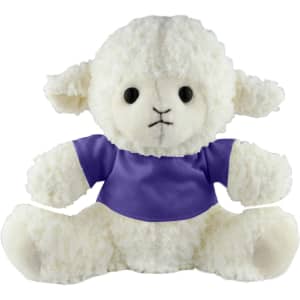 A white plush sheep wearing a purple shirt, featuring black button eyes and a stitched smile.