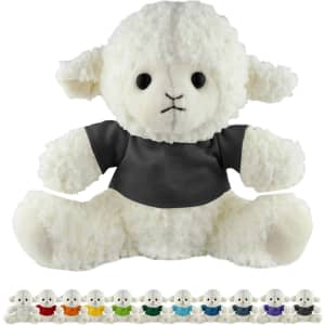 A plush sheep toy in white, wearing a dark grey shirt, featuring a range of colourful variations below.
