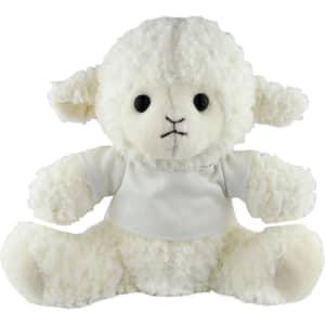 A soft, white sheep plush toy with a simple white shirt and black button eyes, featuring a round, cuddly shape.