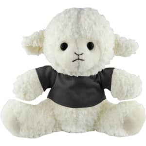A sheep plush toy in white with a grey shirt, featuring embroidered facial details and soft, fluffy texture.