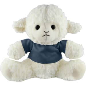 A fluffy white sheep plush toy wearing a blue shirt, seated with a friendly expression.