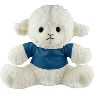 A plush sheep toy with a soft white exterior and a blue shirt, featuring black eyes and stitching for facial details.