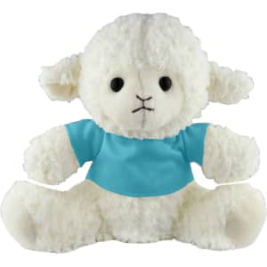 A fluffy white sheep plush toy wearing a blue shirt, sitting with its arms and legs outstretched.