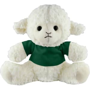 A fluffy white sheep plush toy wearing a green shirt, featuring stitched facial details and soft fabric.