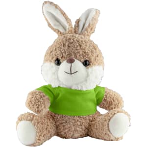 A plush rabbit toy with a soft, light brown body and white accents, wearing a green shirt.