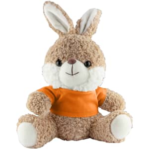 A plush rabbit toy in light brown, wearing an orange T-shirt, with fluffy ears and a smiling face.