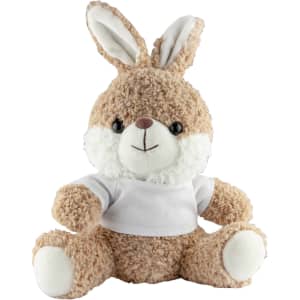 A soft, plush rabbit in light brown with a white belly, wearing a small white shirt. It has long ears and a friendly expression.
