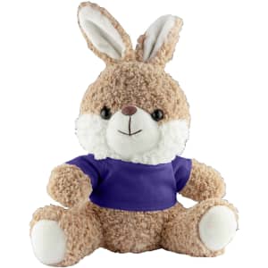 A plush rabbit toy with soft brown fur, white accents, and a purple shirt, sitting upright with a friendly expression.