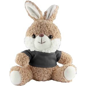 A plush rabbit in light brown with white accents, wearing a grey shirt. The rabbit has large ears and a soft texture.