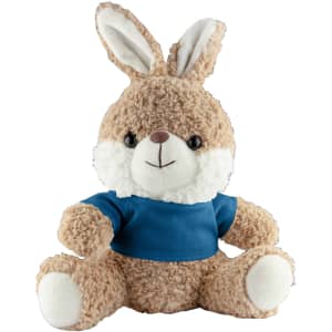 A soft plush rabbit in a blue shirt, featuring brown and white fur with large floppy ears. It has a friendly expression.