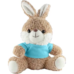 A stuffed rabbit plush in soft brown fur with white accents, wearing a light blue shirt. It has a logo on its shirt.
