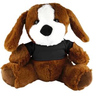 A brown plush dog wearing a black shirt, featuring soft fur and floppy ears, sits upright with a friendly expression.
