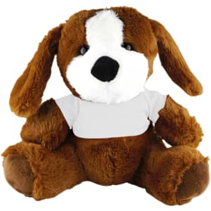 A brown plush dog with floppy ears and a white patch on its chest, wearing a plain white shirt.