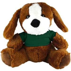A brown plush dog with floppy ears, wearing a green shirt, seated with an adorable expression.