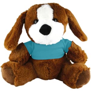 A brown plush dog wearing a blue shirt. The dog has floppy ears and a fluffy white snout.