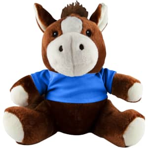 A brown plush horse with a white snout, wearing a blue shirt. The horse has a soft, cuddly appearance.