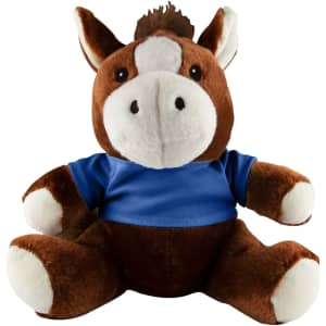 A brown horse plush toy wearing a blue shirt, with a cute face and soft fur. It has a logo on its shirt.