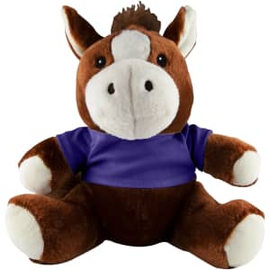 A brown horse plush toy with a white face and paws, wearing a purple shirt, sitting upright.