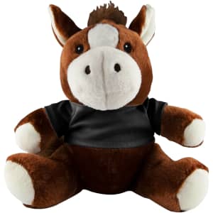 A brown horse plush toy with a black shirt, featuring white accents on its face and paws. It has a tuft of brown hair.