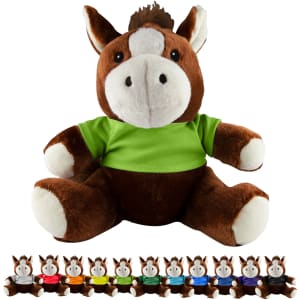 A large brown horse plush toy wearing a green shirt, with smaller horse plush toys in various colours lined up below.
