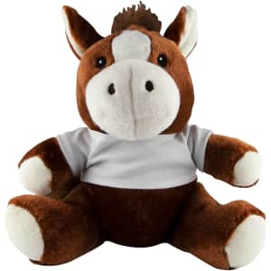 A brown and white plush horse sitting upright, wearing a white shirt. It has a friendly expression and a fluffy mane.