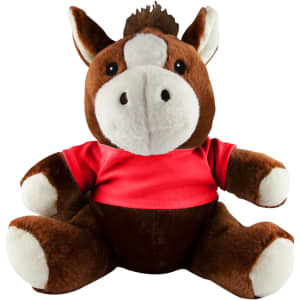 A brown and white plush horse with a red shirt, featuring a logo on its chest.