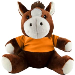 A brown and cream horse plush toy wearing an orange shirt, featuring a friendly face and soft fur.