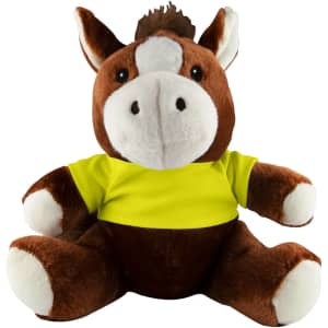 A brown horse plush toy wearing a bright yellow shirt, featuring a soft textured finish and large, friendly features.