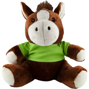 A brown and cream horse plush toy with a green T-shirt, featuring a friendly face and soft, rounded body.