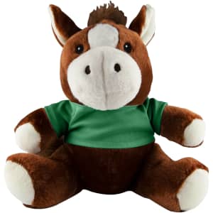 A brown and cream horse plush toy wearing a green shirt, sitting upright with a friendly expression.