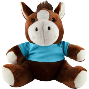 A brown and white horse plush toy wearing a blue shirt, featuring large, friendly eyes and a tufted mane.