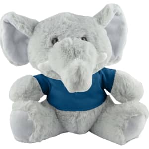A grey elephant plush toy with large ears, wearing a blue shirt, sitting upright with a friendly expression.