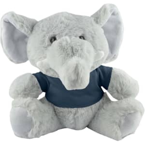 A grey elephant plush toy with a blue shirt, featuring large ears and a friendly expression.