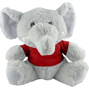 A grey elephant plush stuffed toy wearing a red shirt, featuring large ears and a friendly expression.