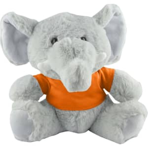 A grey elephant plush toy wearing an orange shirt, featuring large ears and a friendly expression.