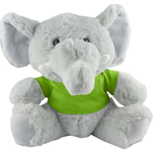 A grey elephant plush toy wearing a green shirt, with large ears and a friendly expression. It has a logo on its shirt.