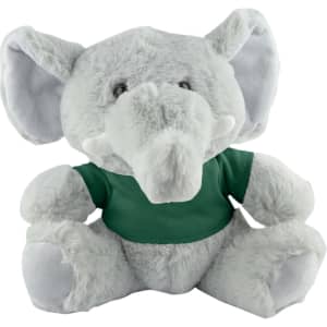 A grey elephant plush toy wearing a green shirt, featuring large ears and a friendly expression.
