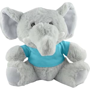 A soft grey plush elephant wearing a light blue shirt, featuring large ears and a friendly expression.