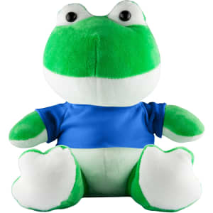 A green frog plush toy wearing a blue shirt, featuring large eyes and white feet. It has a round, soft body.